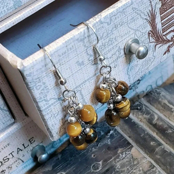 Tiger's Eye Gemstone Bead Dangle Silver Platinum Plated Earrings - Picture 3 of 10